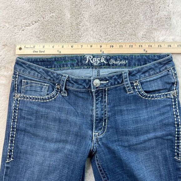 Wrangler Rock 47 Bootcut Low Rise Jeans Womens 30x32 Blue Whiskers Bling Cowgirl - Picture 4 of 11